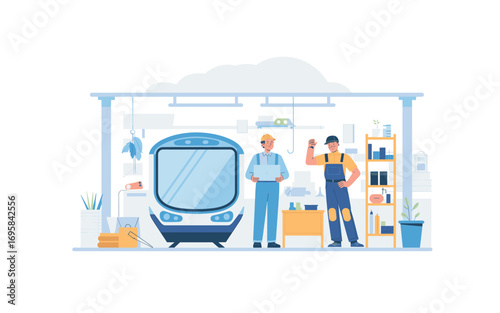 Train maintenance depot illustration depicting two mechanics checking and fixing a train engine, wearing uniforms, in a well-organized repair shop setting.