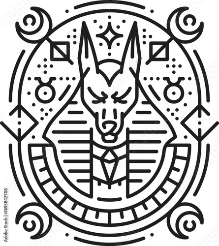 Egyptian Anubis God dog esoteric line tattoo. Africa history boho linear vector tattoo, ancient civilization sacred lineart print. Egyptian mythology esoteric sign with dog or jackal pharaoh head