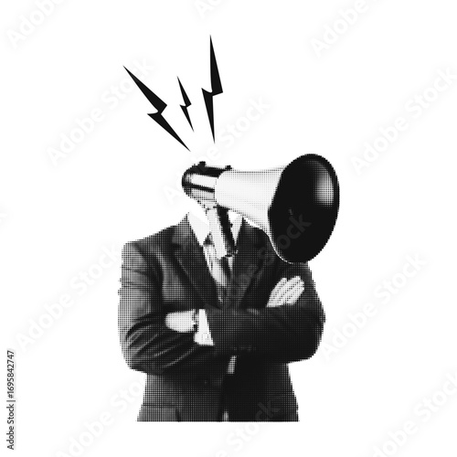 Element halftone loudspeaker on he head with for creating collages. Fake news, media influence, social media, technology. Vector isolated background.