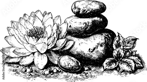 Engraved lotus flower with smooth stones and leaves. Black and white vintage vector illustration, suitable for decorative purposes.
