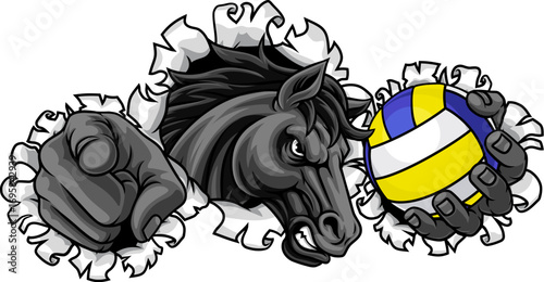 Horse mustang bronco stallion angry volleyball sports team mascot holding a ball.