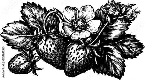 Illustration of strawberries in black and white outline. Detailed vintage line drawing with leaves and flowers, vector illustration set.