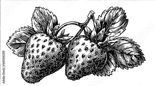 Strawberry illustration with black outline. Vintage vector design in a simple style set of line drawings with detailed leaves.
