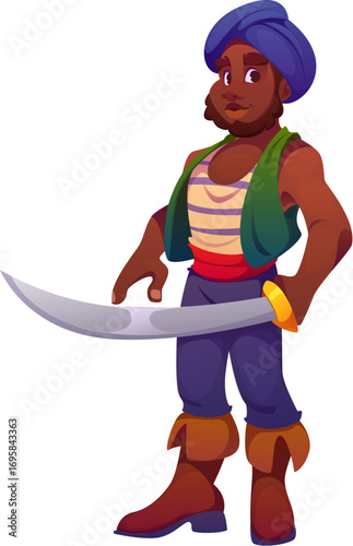 Cartoon medieval pirate corsair character with curved saber in hand. Vector black African American bearded sea rover personage in green vest, red sash, and turban standing with confident expression