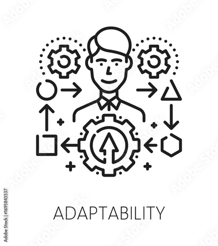 Adaptability life skills line icon or emblem. Personality potential lineart vector pictogram, personal life skills outline icon. Human adaptability ability symbol with man character and cogwheels