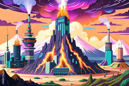 Cyberpunk volcanic eruption with neon lava streams and futuristic towers wallpaper vector, surreal dystopian scenery