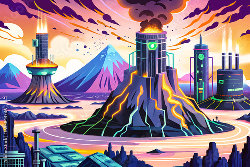Cyberpunk volcanic eruption with neon lava streams and futuristic towers wallpaper vector, surreal dystopian scenery