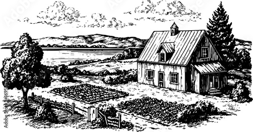 Vintage black and white illustration of a rural house set in a picturesque landscape. The detailed outline includes a garden, sky, and mountains in a vector style.