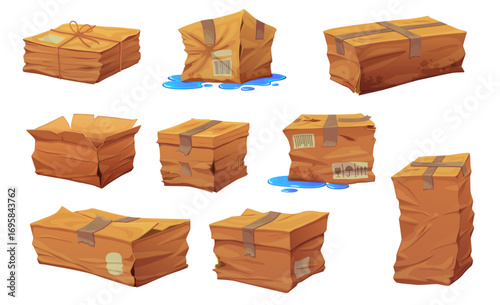Damaged delivery boxes and broken cardboard cargo parcels, vector isolated set. Ripped parcel packages and delivery boxes with damaged carton, soaked or crumpled with torn sides and address tags