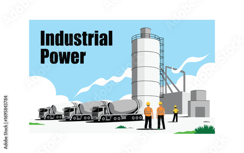 Industrial Power: Vector Illustration of a Cement Plant with Workers and Trucks Against a Blue Sky Background with Cloud Illustration