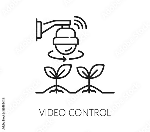 Smart farm video control, agriculture technology thin line icon. Food industry digital technology outline vector icon, smart farm automation linear symbol or sign with seedlings and 360 view camera
