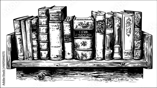 Vintage black and white outline drawing of stacked books on a wooden shelf. Detailed vector illustration with a classic literature theme.