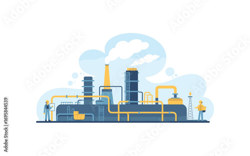 Stylized Oil Refinery Illustration with Workers and Industrial Elements, Suitable for Energy, Engineering, or Environmental Concepts with a Flat Design.