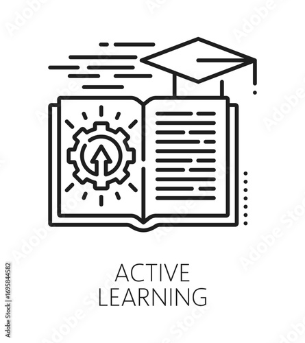 Active learning life skills line icon or sign. People education potential outline vector icon, personality life skills symbol. Human active learning ability sign with opened textbook, graduation cap