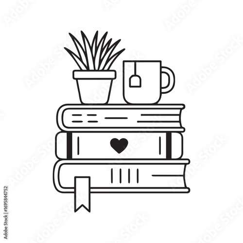 Cozy Reading Illustration: Stack of Books with Potted Plant and Tea Cup Line Art
