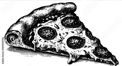 Pizza slice with cheese and pepperoni in black and white outline. Vintage vector illustration showcasing a classic food set.