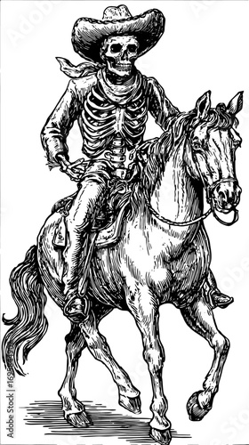 Skeleton rider on horse illustrated in vintage black and white outline. This detailed vector illustration showcases a classic western theme.