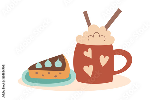 A coffee concept. A cup of sweet beverage with foam and a cake. Vector flat template. Concept of taking a break.