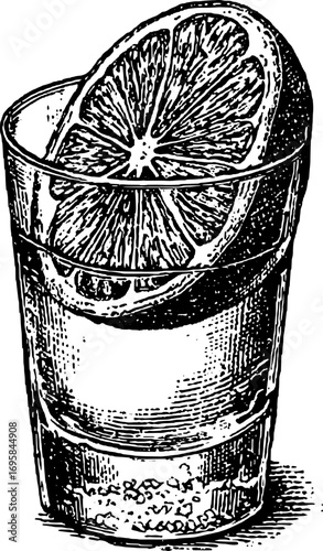 Vintage outline illustration of a glass with a lemon slice. Black and white engraving-style vector set showcasing a refreshing drink.