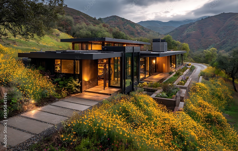 custom made wallpaper toronto digitalModern Hillside Home at Dusk with Yellow Flowers