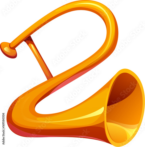 Cartoon number two musical font symbol as a trumpet, music instrument typeface, entertainment funny type, alphabet. Isolated vector digit 2 as a musician horn, abc character, art typography
