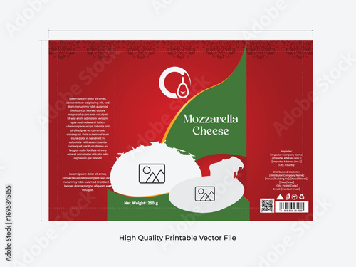 High-quality vector packaging design template for mozzarella cheese. Editable food packet mockup featuring modern layout, vibrant red and green color scheme, and realistic cheese imagery. Perfect for 