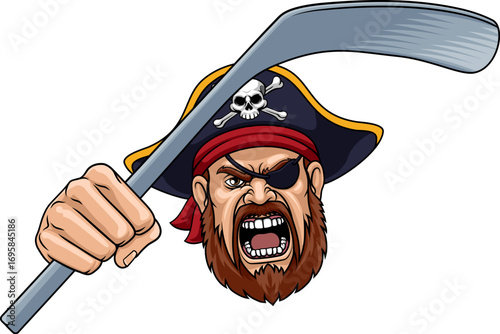 An angry Pirate cartoon character holding hockey stick ice hockey sports team mascot illustration.