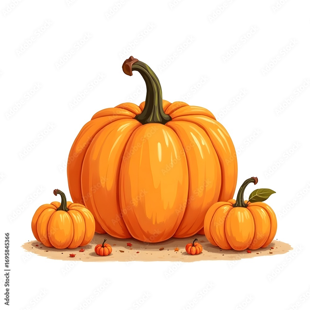 Fototapeta premium Pumpkins are sitting on the ground, with one of them being the largest. The other are smaller in size. The scene is set in a fall setting, with the pumpkins being the main focus. 