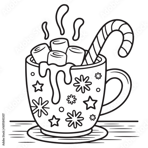 Christmas Hot Cocoa Mug with Marshmallows and Candy Cane – Line Art Coloring Page