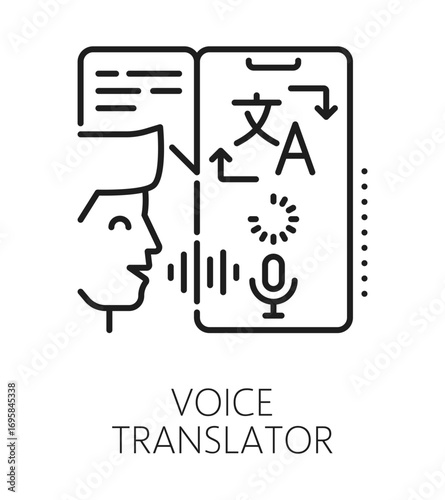 English language voice translation line icon or sign. Foreign speech translation lineart vector sign, language vocabulary linear icon. English dictionary symbol with man speaking to smartphone