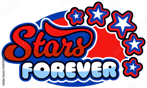 USA stars forever vintage Y2K sticker or patch. USA patriotic retro vector tag, United States of America flag colors Y2K patch. American travel sticker with stars and funky handwritten typography
