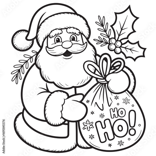 Santa Claus with Gift Bag Coloring Page Line Art