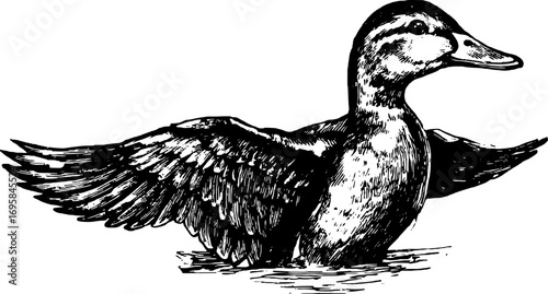 Duck illustration in vintage outline style. Black and white vector illustration showing the bird with wings extended in a natural setting.