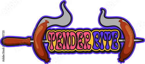 Barbeque restaurant, grill menu Y2K retro sticker or symbol. Meat gourmet meal 60s Y2K vector patch, beef or pork shop vintage label. BBQ party sticker with sausages on skewer, smoke and typography