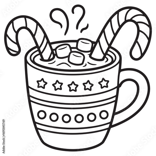 Hot Cocoa Mug with Marshmallows and Candy Canes Line Art Coloring Page