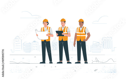 Diverse Construction Team Reviewing Plans and Using Tablet, Set Against City Skyline; Vector Illustration of Architects and Engineers Working Together.