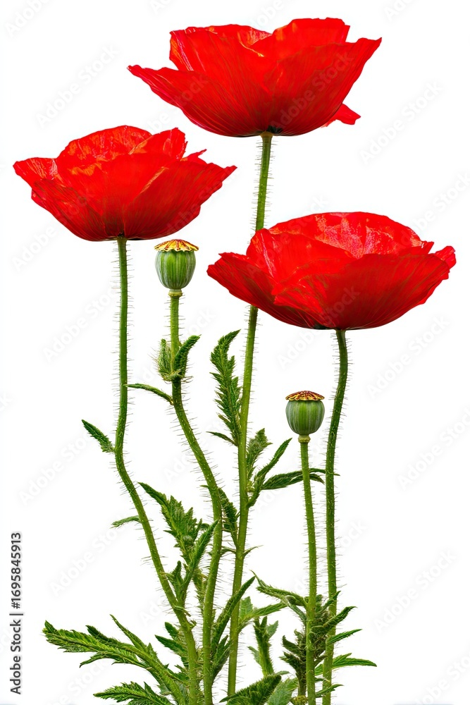 Naklejka premium Three vibrant red poppies, stems and leaves against a white background