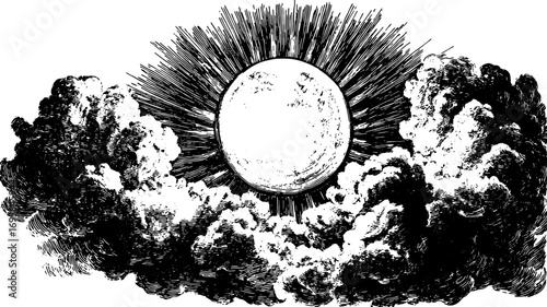 Vintage sun illustration outlined among clouds. This black and white vector illustration showcases intricate engravings and detailed line art.