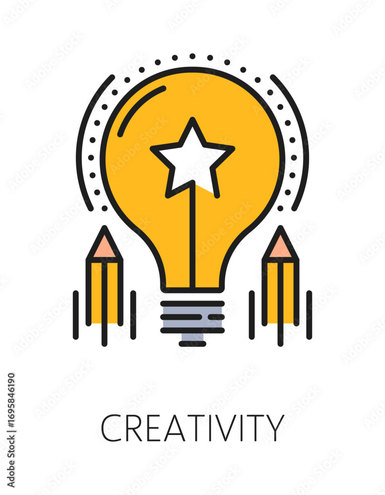 Fototapeta premium Kids creativity cognitive ability color line icon or label. Mental capability improvement outline vector icon, cognitive ability symbol. Creativity development pictogram with idea lightbulb, pencils