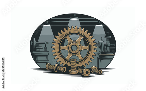Detailed Illustration of Mechanical Engineering: Lathe, Gears, and Bolts Under Shop Lights, Great for Industrial Design or Manufacturing Related Projects