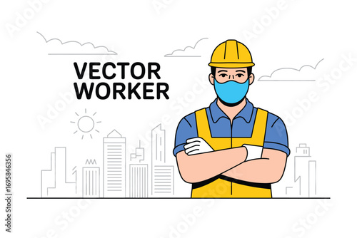 Construction Worker Vector Illustration with Safety Helmet and Mask, Standing in Front of City Skyline on White Background for Stock and Commercial Use