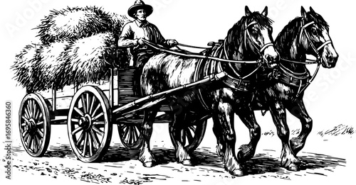 Vintage black and white outline illustration of a horse-drawn cart carrying hay. This classic vector set depicts traditional agricultural transport.