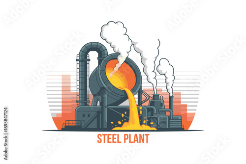 Stylized Vector Illustration of a Steel Plant with Molten Metal Pouring and Smoke Stacks Creating Pollution, Against a Geometric Urban Background.