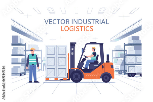 Modern Industrial Logistics: Warehouse Scene with Forklift, Workers, and Palletized Cargo for Efficient Supply Chain Management and Material Handling Operations.