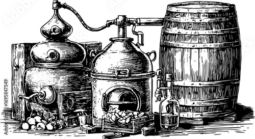 Distillery equipment in black and white outline. Vintage vector illustration of barrels, pots, and bottles in an artistic engraving set.