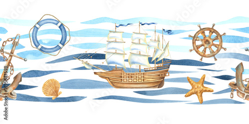 Seamless border with sailboat, anchor, steering wheel, lifebuoy and simple abstract curved lines of ocean waves. Hand drawn watercolor illustration of marine themes attributes on isolated background.