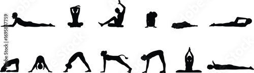 Yoga poses, silhouette vector, meditation, stretching, fitness, balance, wellness, calm, peaceful, flexibility, exercise