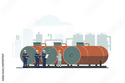 Industrial Inspection: Engineers Inspecting Large Storage Tanks in a Refinery, Ensuring Safety and Compliance with Industry Standards in a Modern Facility Setting