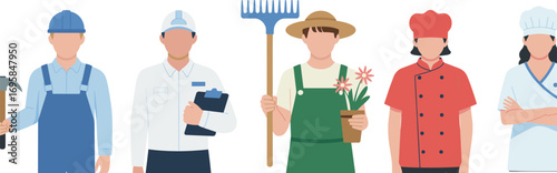 Occupational character illustration, construction, engineering, gardening, chef, baker, profession bundle, uniform people, vector art
