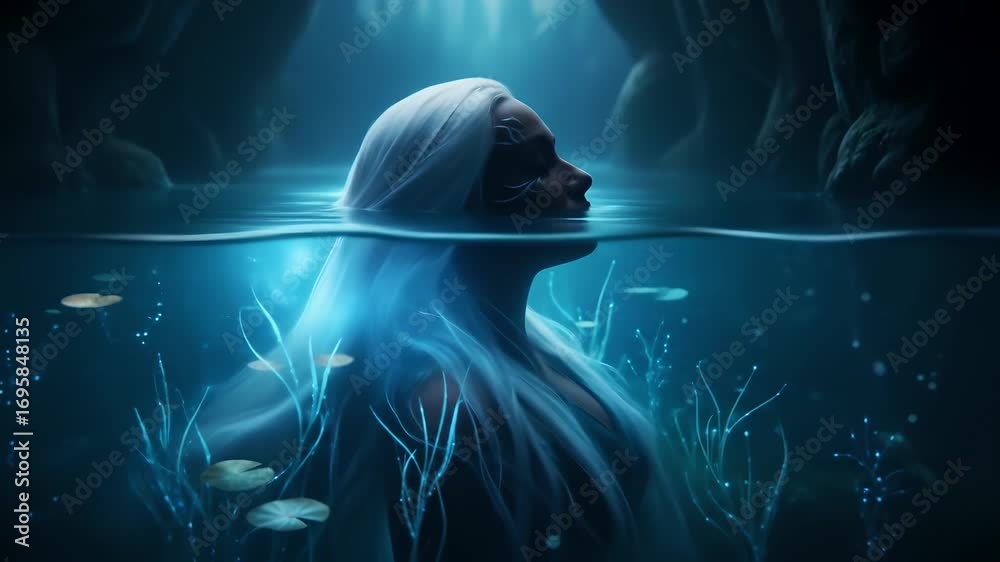 custom made wallpaper toronto digitalMystical water nymph rises, eyes closed, ethereal beauty, fantasy concept, dreamy scene, meditation, inner peace, spa & wellness, emotional healing, creative, surreal, fantasy art.